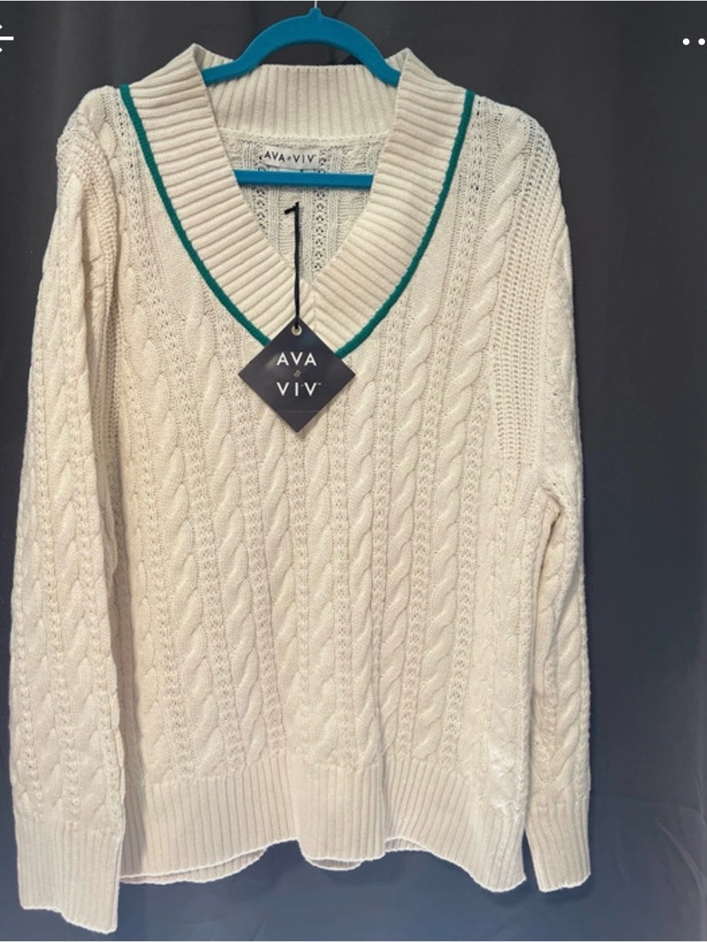 Ava & Viv Cream Cable-Knit V-Neck Sweater with Green Trim